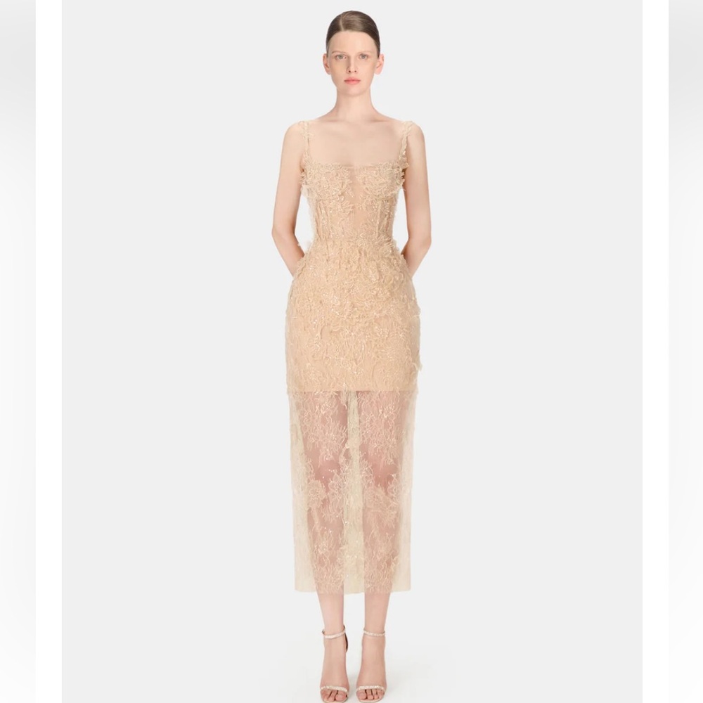 Montsand Ivory Beaded Lace Pencil Midi Dress in Nude - Picture 7 of 13